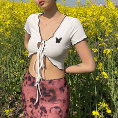 Cross Border Women"s Clothing Summer New Product Solid Color Slim Fashion Butterfly Label Ear Side Exposed Navel Short Sleeve T-shirt Female