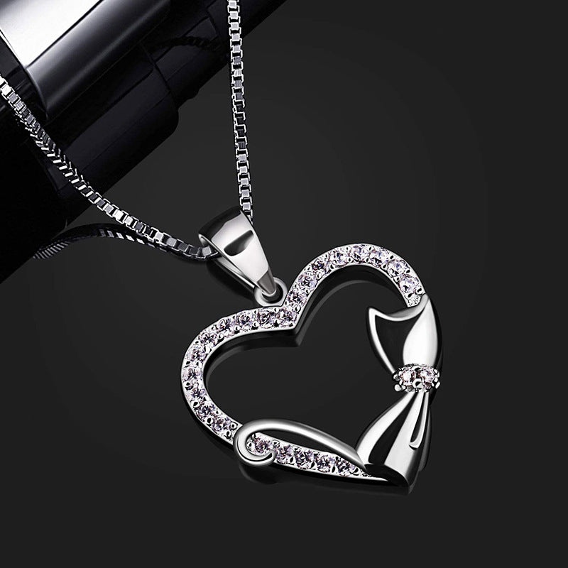 Cat Heart-Shaped Full Diamond Necklace Jewelry