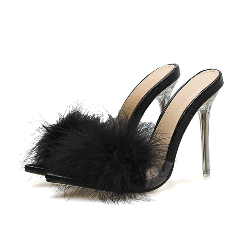 Woman Shoes Transparent Crystal High Heels Woman Feather Fur Slippers