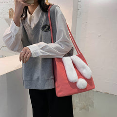 New Fashion Women Canvas Handbags Cute Cartoon Rabbit Plush Girls Shoulder Bag Large Capacity Tote Bag