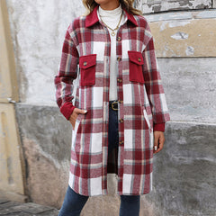 New Brushed Plaid Long Coat With Pockets Fashion Winter Jacket Outwear Women's Clothing