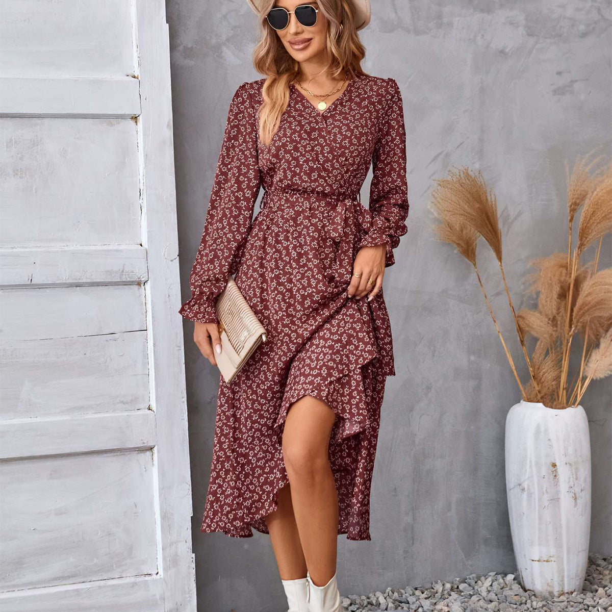 Flowers Print Long Sleeve Dress Fashion Ruffled Commuter Temperament Dresses Womens Clothing