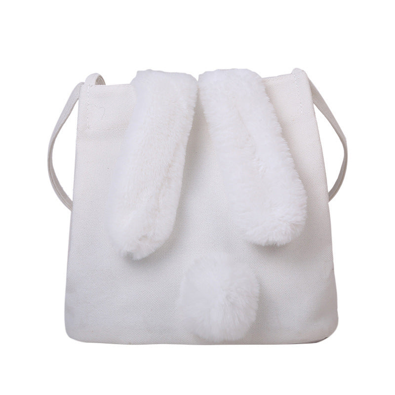 New Fashion Women Canvas Handbags Cute Cartoon Rabbit Plush Girls Shoulder Bag Large Capacity Tote Bag