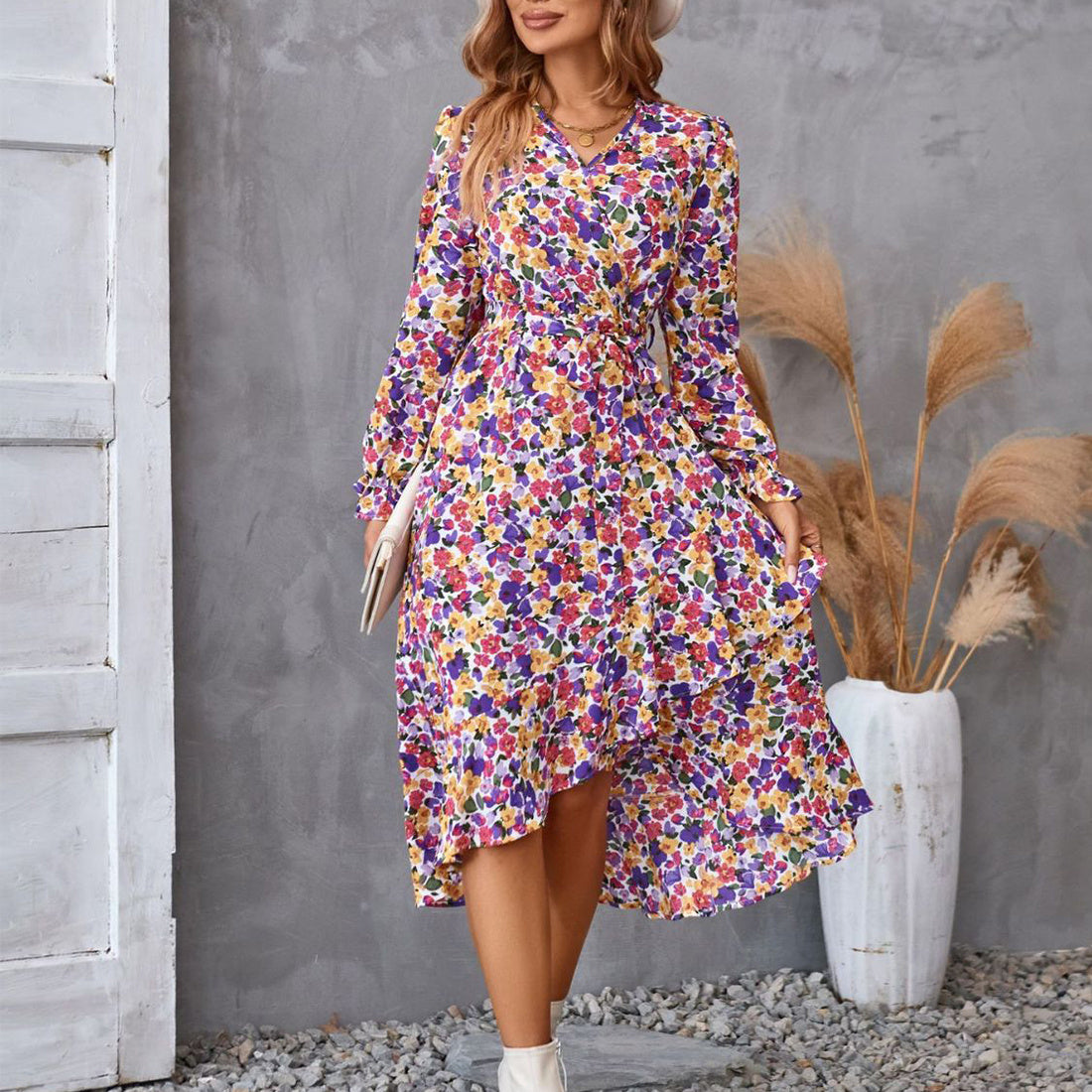 Flowers Print Long Sleeve Dress Fashion Ruffled Commuter Temperament Dresses Womens Clothing