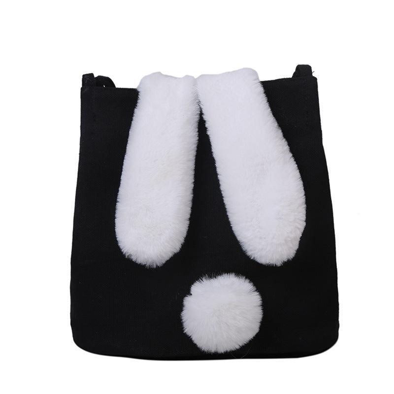 New Fashion Women Canvas Handbags Cute Cartoon Rabbit Plush Girls Shoulder Bag Large Capacity Tote Bag