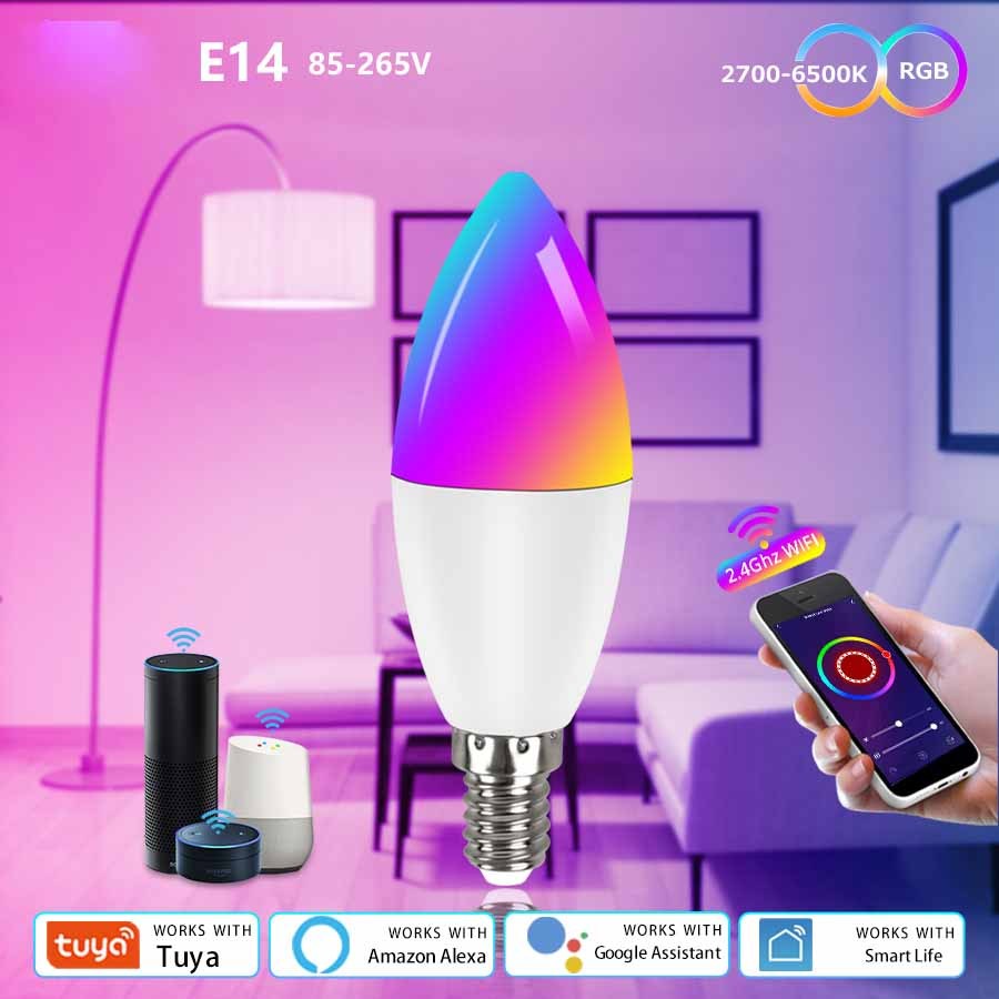 Smart WifI Led Lamp E14 RGB CW WW Led Bulb Dimmable 85-265V Voice Control Light Bulbs Alexa Google Home For Home Decorative