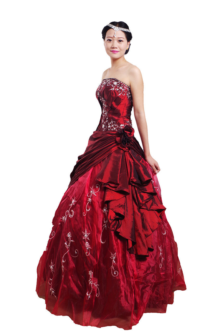 Wedding Dress Handmade Silver Embroidered Taffeta Formal Occasion Ball Evening Gown For Women