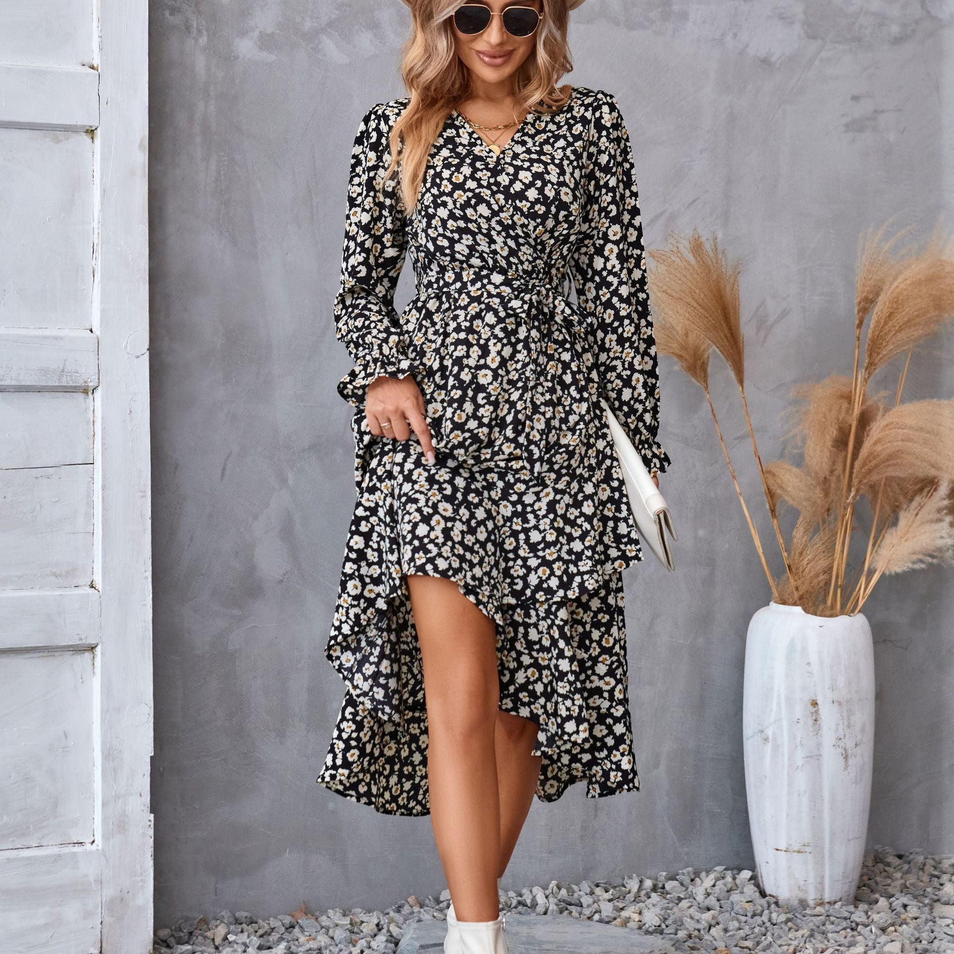 Flowers Print Long Sleeve Dress Fashion Ruffled Commuter Temperament Dresses Womens Clothing