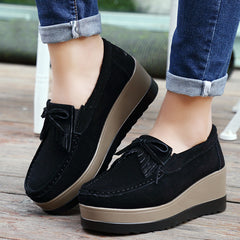 New Tassel Bow Design Shoes For Woman Fashion Thick Bottom Wedges Shoes Casual Slip On Solid Color Flats