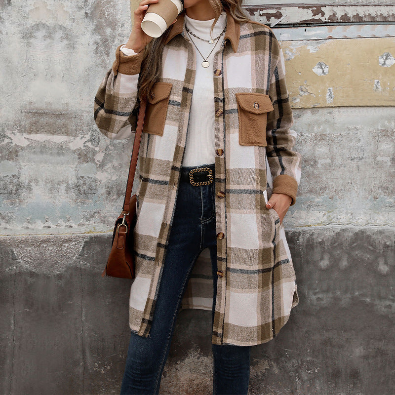 New Brushed Plaid Long Coat With Pockets Fashion Winter Jacket Outwear Women's Clothing