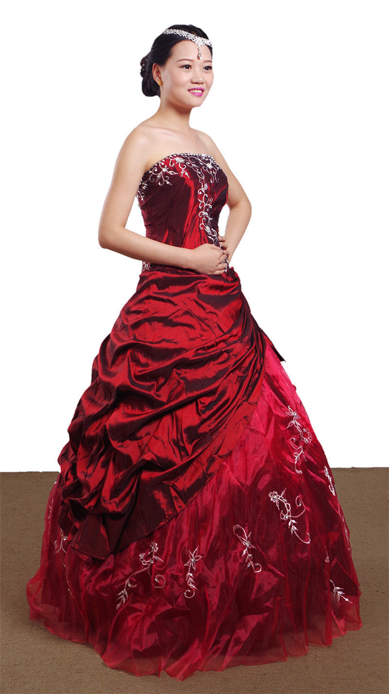 Wedding Dress Handmade Silver Embroidered Taffeta Formal Occasion Ball Evening Gown For Women